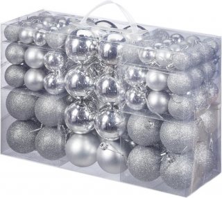 100 stuks kerstballen kerstdecoratie mat glanzend glitters kerstboom ballen - zilver - verschillende maten ∅ 3 cm, 4 cm, 6 cm