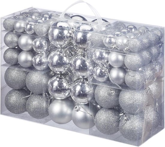 100 stuks kerstballen kerstdecoratie mat glanzend glitters kerstboom ballen - zilver - verschillende maten ∅ 3 cm, 4 cm, 6 cm