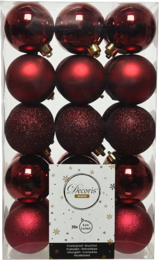 Decoris kerstballen - 30x st - donkerrood - D6 cm - kunststof - kerstversiering