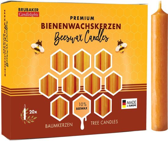 BRUBAKER 20 Stuks Boomkaarsen - 10% Bijenwas - Kerstkaarsen - Piramidekaarsen - Kerstboomkaarsen - Kaarsen - Kaarsjes - 95/12.5 mmHoninggeel