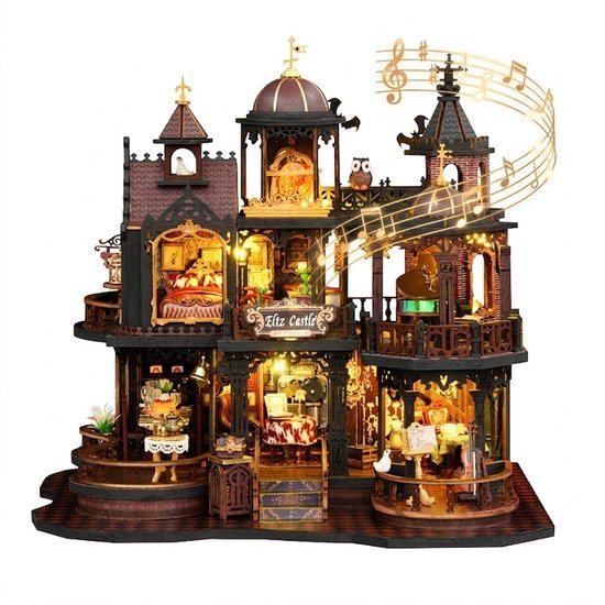 DIY Miniatuur Kasteel Bouwpakket met LED Verlichting & Muziekdoos – Edinburgh Castle Model – Houten Mini Huis & Poppenhuis – Creatieve Hobby Decoratie Cadeau