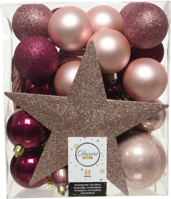 Decoris kerstballen set - 34-dlg - roze tinten - incl. piek - kunststof - kerstversiering