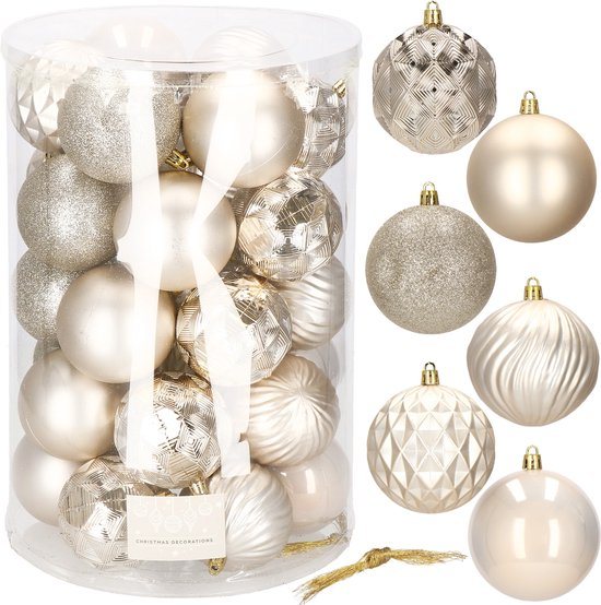 Springos Kerstballen | Kerstversiering | Onbreekbaar | 30 Stuks | 8 cm | Beige/Goud Tinten