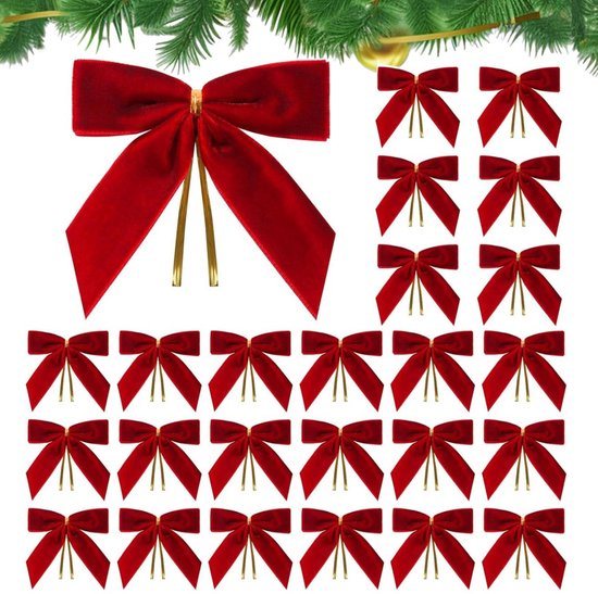 24 Stuk Fluwelen Kerststrikken - Glitters - Kerst Decoratie Strikjes - Kerstversiering - Kerstboom Decoratie - Kerststrikjes - Kerstsfeer - Christmas - 3,5 x 3,5 inch - Voor Kerstfeest, Kerstboom, Binnen, Knutselen - Rood