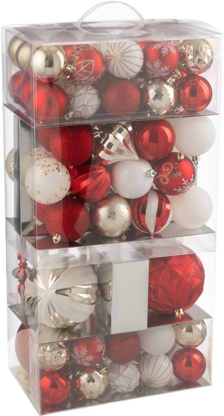 J-Line kerstbal - kunststof - rood/goud - doos van 80
