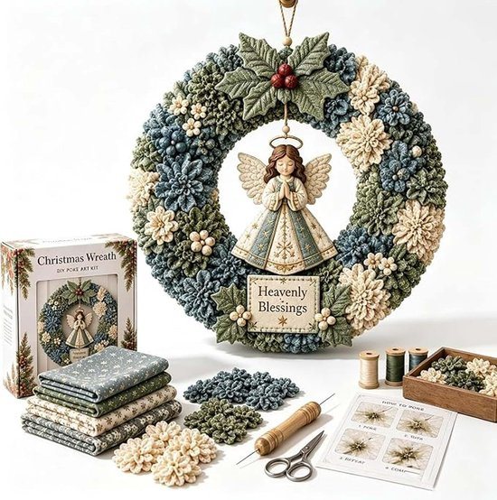 DIY kerstkrans kit - DIY Patchwork Set - 3D stoffen poke krans kit - Kerstkrans - Ontspannend - DIY Handwerkset - voor Volwassenen en Beginners en Handwerkliefhebbers - Stijl C：Engel