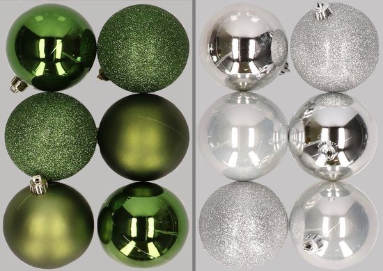 12x stuks kunststof kerstballen mix van appelgroen en zilver 8 cm - Kerstversiering