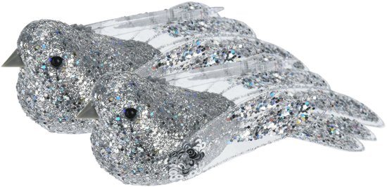 Kerstboomversiering Vogel - 2x stuks - 10 cm - Zilver glitter - op clip - ornament