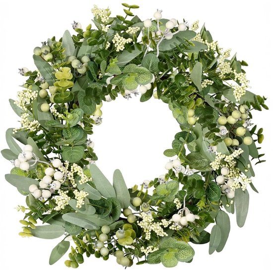 Kerstkrans van eucalyptus en bessen, 46 cm, premium PE, deurkrans, weerbestendig, voor het hele jaar, buitendecoratie voor voordeur en tuin, inclusief