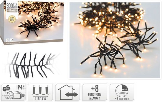Clusterverlichting - 3000 LED - 22m - Timer - Lichtfuncties - extra warm wit