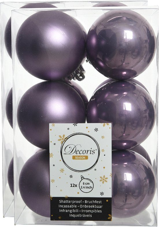 Decoris kerstballen - 24x st - heide lila paars - D6 cm - kunststof - mat/glans - kerstversiering