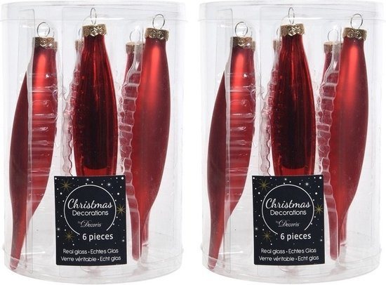 Decoris kerstbal pegels - 12x - rood - D15 cm - glas - kersthangers - ijspegels - kerstversiering