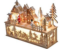 JGS Premium - Houten LED huis lichtboog met platform 20 cm - batterij verlichte kerstdecoratie - kerstdorp lichthuis - raamdecoratie bos thema - herbruikbare verpakking.