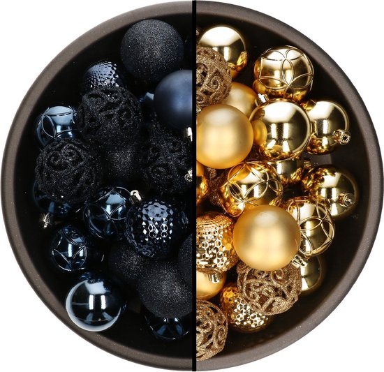 Bellatio Decorations Kerstballen mix - 74-delig - goud en donkerblauw - 6 cm - kunststof
