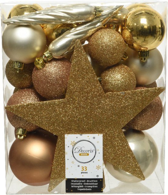 Decoris kerstballen set - 34-dlg - goud/champagne/bruin - incl. piek - kunststof - kerstversiering