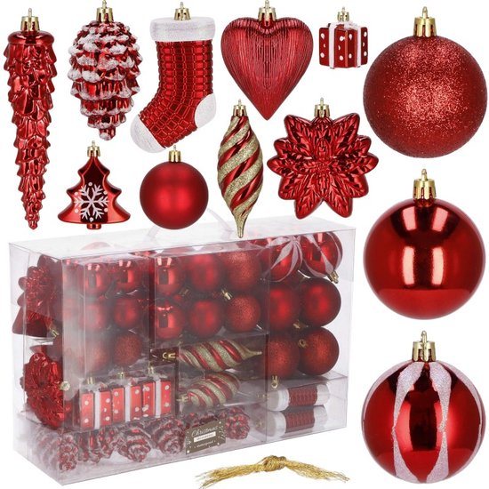 Springos Kerstballen - Kerstversiering - Onbreekbaar - 72 Stuks - Rood/Wit