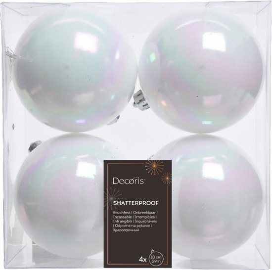 Decoris Kerstballen - 4x st - wit parelmoer - 10 cm - kunststof - kerstversiering