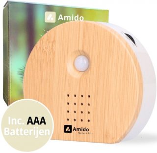 Amido® Vogelgeluiden Huisje met Sensor - Incl. Batterijen en 5 Natuurlijke Geluiden - Bamboe - Vogelhuisje Met Geluid