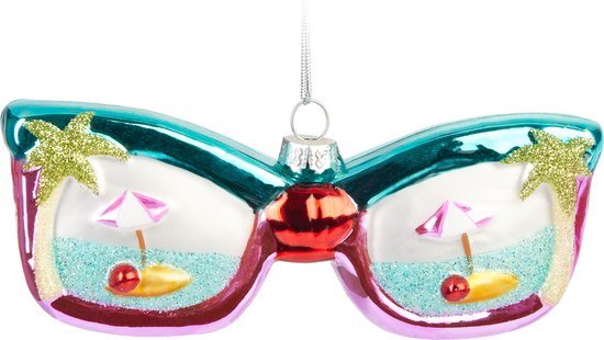 BRUBAKER Vakantie zonnebril - Handgeschilderde Glazen Kerstbal - Handgeblazen Kerstversiering - Grappige Kersthanger - Kerstboom Decoratie - 13.5cm
