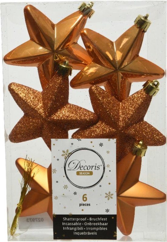 6x stuks kerstornamenten kunststof sterren kerstballen cognac bruin (amber) 7 cm