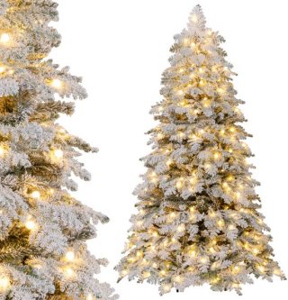 COSTWAY Kunstkerstboom van 180 cm met verlichting en sneeuw, dennenboom met 130 fonkelende ballen, warmwitte ledlampen, 8 lichtmodi en metalen standaard, kerstboom
