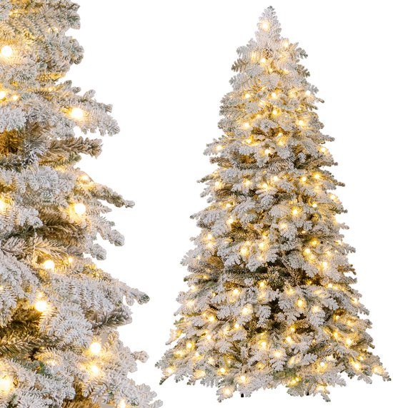 COSTWAY Kunstkerstboom van 180 cm met verlichting en sneeuw, dennenboom met 130 fonkelende ballen, warmwitte ledlampen, 8 lichtmodi en metalen standaard, kerstboom