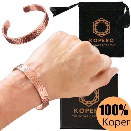 Kopero Premium Koperen Armband – Gehamerd - 100% Puur Koper – Unisex – Verstelbaar – Met Fluwelen Draagzak – Met Luxe Sieradendoosje - Handgemaakt – Ayurveda – Koperen Armband Heren – Koperen Armband Vrouwen – Armband Koper - One Size Fits All