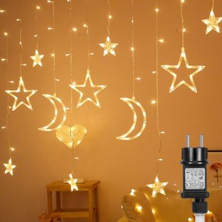 MUPOO Kerstverlichting Binnen & Buiten - LED Sterrenhemel Lichtgordijn met Ster en Maan in Warm Wit - Timer en 8 Lichtstanden Laag Voltage Lichtsnoer voor Kerstdecoratie, Slaapkamer en Trouwerijen