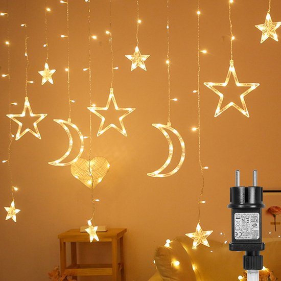 MUPOO Kerstverlichting Binnen & Buiten - LED Sterrenhemel Lichtgordijn met Ster en Maan in Warm Wit - Timer en 8 Lichtstanden Laag Voltage Lichtsnoer voor Kerstdecoratie, Slaapkamer en Trouwerijen