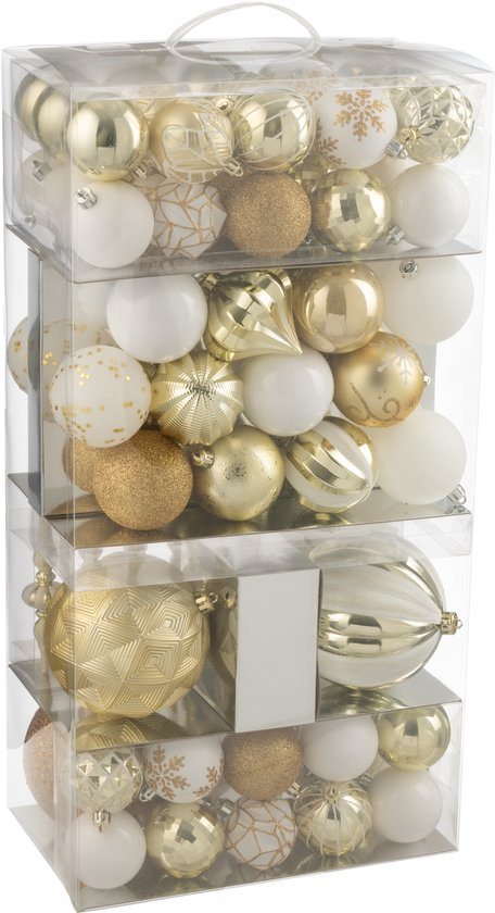 J-Line kerstbal - kunststof - wit/goud - doos van 80