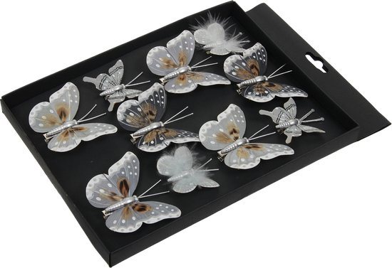 Othmar Decorations vlinders op clip - 10x- grijs/zilver- 5-8 cm - kunststof