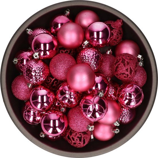 Bellatio Decorations kerstballen - 37x st - fuchsia roze - 6 cm - kunststof - kerstversiering