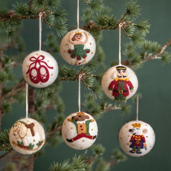 Hanger Ballen Vilt - Notenkraker Kerst - Complete Set 6-Delig - Ballerina/Spitzen/Muis/Koningmuis/Notenkraker/Hobbelpaard - 8cm - Handgemaakt & Fairtrade