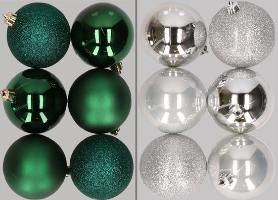 12x stuks kunststof kerstballen mix van donkergroen en zilver 8 cm - Kerstversiering