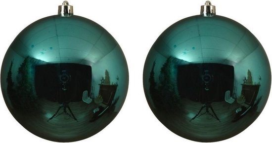 2x Grote turquoise blauwe kunststof kerstballen van 14 cm - glans - turquoise kerstboom versiering