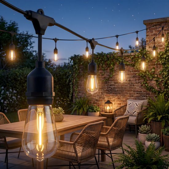 SHINE Solar Lichtsnoer Buiten - 8,5 Meter - 12 LED Lampen - Hybride (Zonne-energie & Stekker) - IP65 Waterdicht - Inclusief Afstandsbediening & Timer - Vintage Classic
