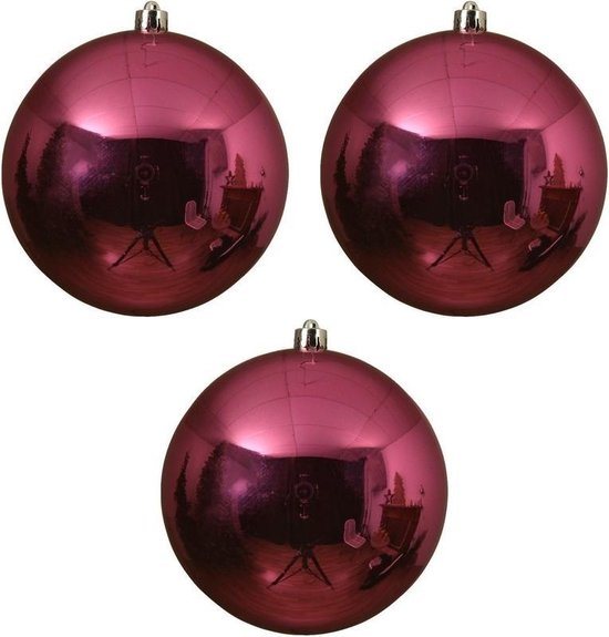 3x Grote fuchsia roze kunststof kerstballen van 14 cm - glans - fuchsia roze kerstboom versiering
