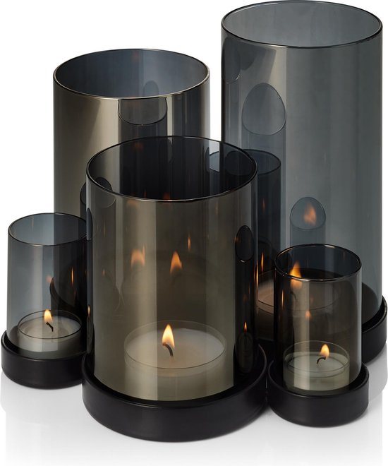 PHILIPPI LICHTERMEER Kandelaar – Windlicht – Waxinelichthouder - Glas Grijs - Basis Zwart