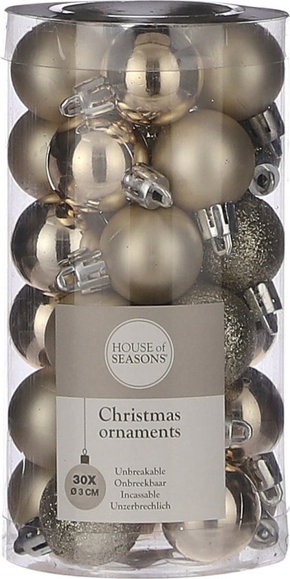 Kleine kunststof kerstballen pakket licht champagne 3 cm - 30x stuks licht champagne mini kerstballen