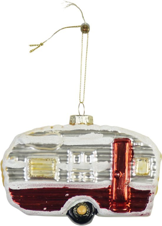 Housevitamin Kersthanger Caravan – Glas – Wit/Rood – 11,5×5×8 cm – Retro Kerstornament – Kerstversiering Camping Thema