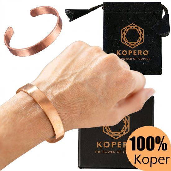 Kopero Premium Koperen Armband – Glad - 100% Puur Koper – Unisex – Verstelbaar – Met Fluwelen Draagzak – Met Luxe Sieradendoosje - Handgemaakt – Ayurveda – Koperen Armband Heren – Koperen Armband Vrouwen – Armband Koper - One Size Fits All