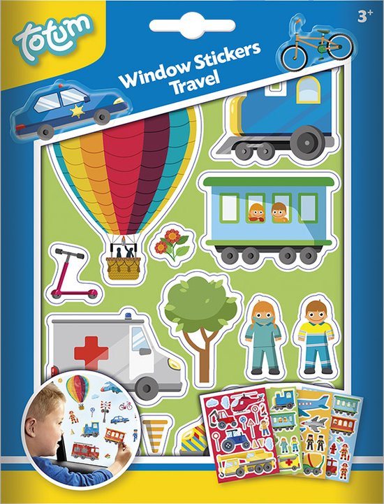 Totum Verplaatsbare raamstickers - 45 stuks - Reizen, voertuigen en verkeer - Herbruikbaar - Speelgoed Kinderen - Knutselen - Voor meisjes en jongens - Ook voor kleuters - Vanaf 3 jaar