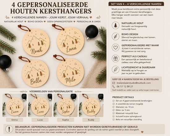 Gepersonaliseerde Houten Kersthangers Set van 4 – Kerstboomversiering met Naam – Berglandschap met Dennenbomen, Sterren en Maan – Persoonlijke Houten Kerstdecoratie – Natuurlijk Hout – Boho Design – Uniek Kerstcadeau