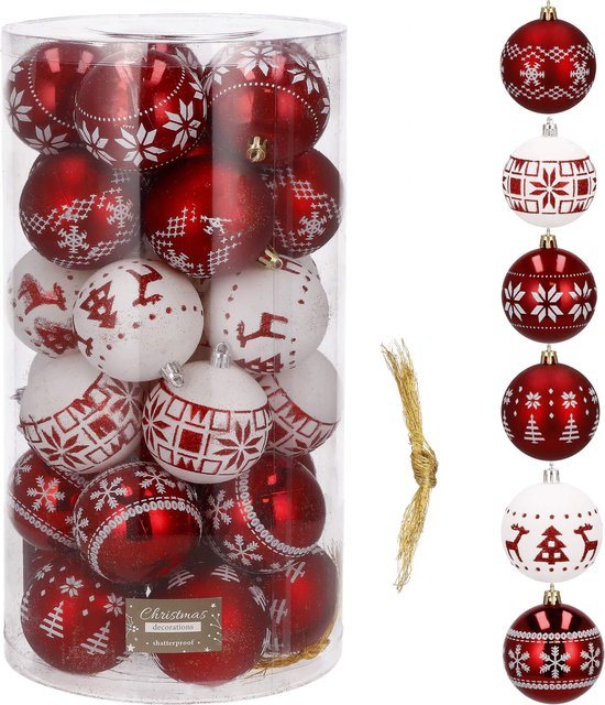 Springos Kerstballen | Kerstversiering | Onbreekbaar | 30 Stuks | Rood/Wit