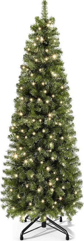 Kunstkerstboom, 182 cm, smal met 200 ledverlichting, ca. 700 takjes, natuurgetrouwe dennenboom met klapsysteem en metalen standaard, snelle montage voor thuis winkels, 182 x Ø 65 cm