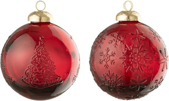 J-Line kerstbal Bal - glas - rood - 2 stuks