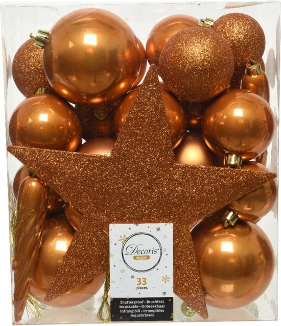 Decoris kerstballen set - 34-dlg - cognac bruin - incl. piek - kunststof - kerstversiering