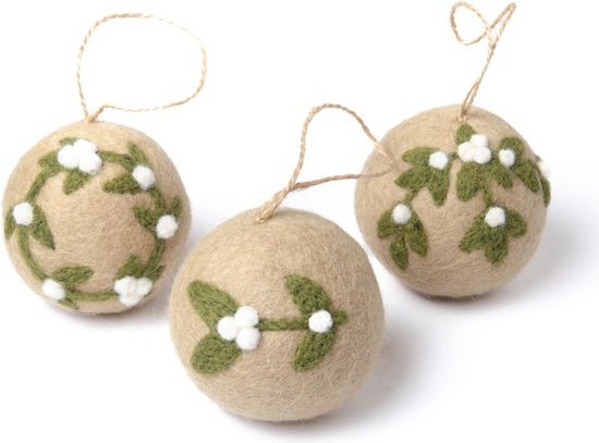 Kerstballen Vilt Complete Set - Mistletoe - 8cm - 3 Stuks - Fairtrade