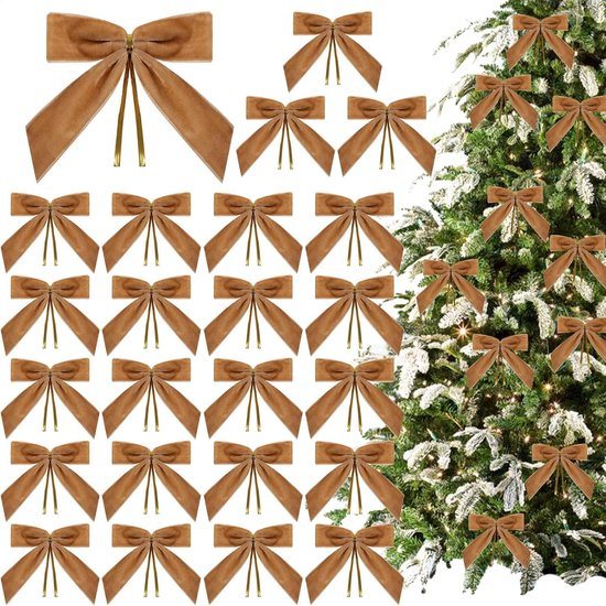 24 Stuk Fluwelen Kerststrikken - Glitters - Kerst Decoratie Strikjes - Kerstversiering - Kerstboom Decoratie - Kerststrikjes - Kerstsfeer - Christmas - 3,5 x 3,5 inch - Voor Kerstfeest, Kerstboom, Binnen, Knutselen - Bruin