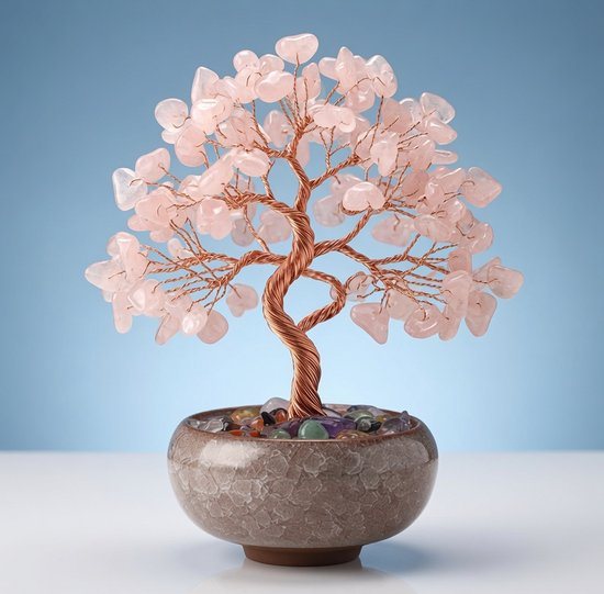 Rozenkwarts Edelsteenboom – Handgemaakte Kristallen Boom Decoratie – Liefde & Harmonie